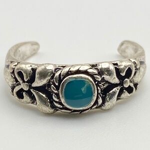 Silver Tone Metal Toe Ring Turquoise Enamel Adjustable Size